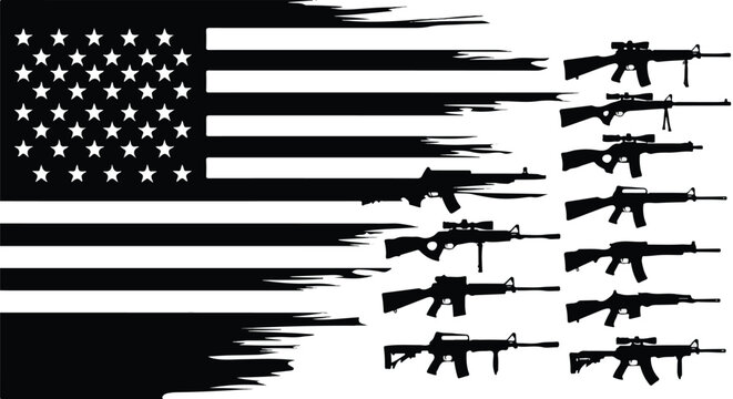 Distressed american flag featuring horizontal stripes merging into silhouettes of various rifles and firearms