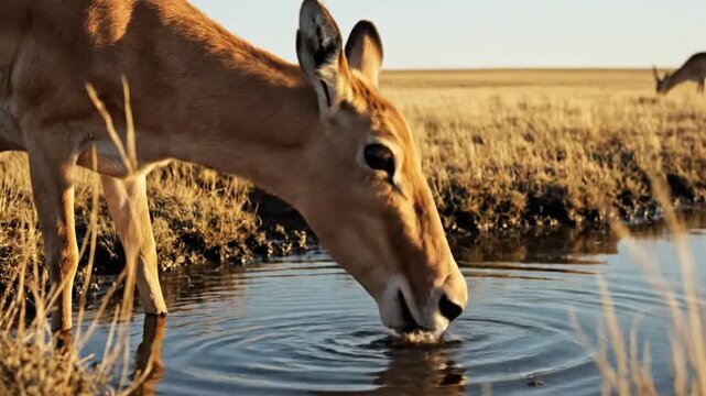 Close-up of a saiga antelope drinking water from a small pond in a golden grassland with others in the background