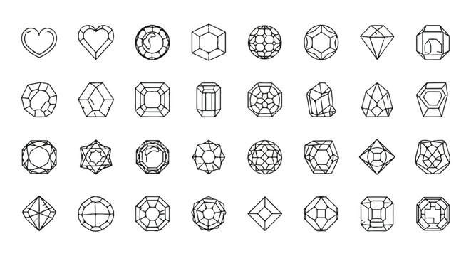Collection of thirty different gemstone shapes and diamond cuts in a black and white hand drawn style