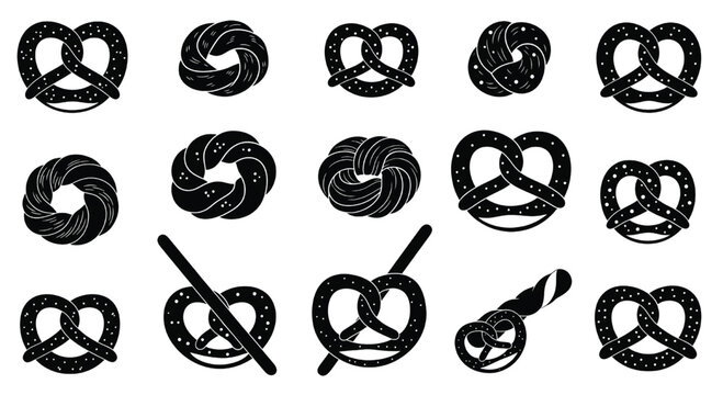 A collection of various pretzel illustrations on a white background.