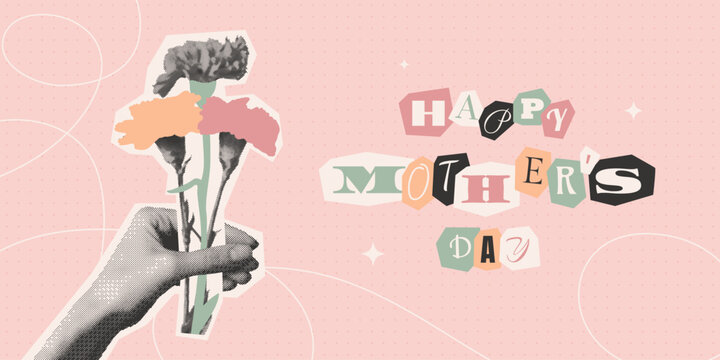 Happy Mother's day banner template in retro halftone collage style. Hand holding carnation spring flower. Vector muted pastel colors illustration for greeting, web, print.