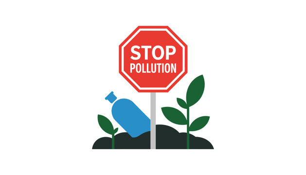 Pollution icon with stop sign and green plants growing around litter
