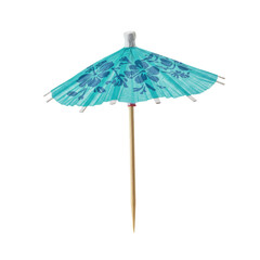 Obraz premium Perfectly opened turquoise paper cocktail umbrella with intricate blue floral pattern, sharp folds, on a wooden stick, isolated on white. Premium tropical product concept