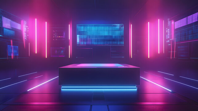 neon lit stage with pink and blue lights isolated on transparent background
