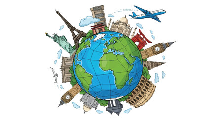 Naklejka premium Hand drawn of planet earth surrounded by famous landmarks and a passenger airplane for travel theme globe