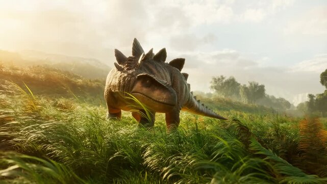 Tracking shot of stegosaurus walking and grazing through grassy prehistoric meadow with golden sunrise light