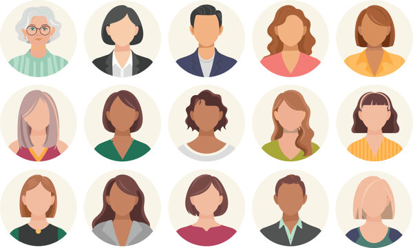 Diverse faceless avatar collection featuring men and women portraits in circular frames, modern flat style user profile icons set for social media and apps