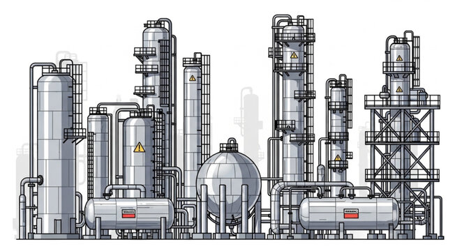Detailed Illustration of an Industrial Chemical Plant Complex.