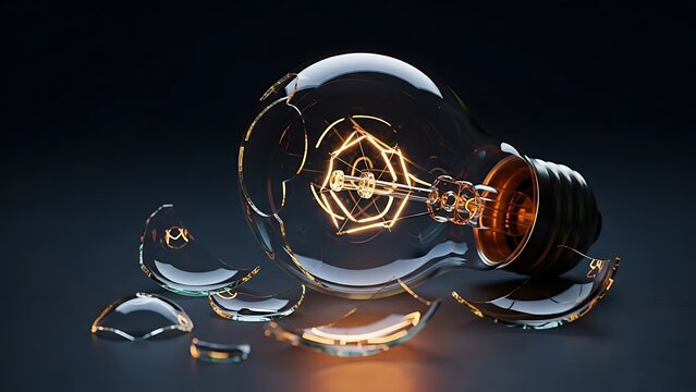 A broken light bulb with glowing filament on dark background