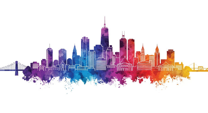 Vibrant watercolor silhouette of a city skyline featuring skyscrapers and a bridge against a clean white background