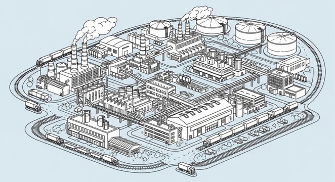 Detailed Isometric Illustration of an Industrial Complex or Factory.