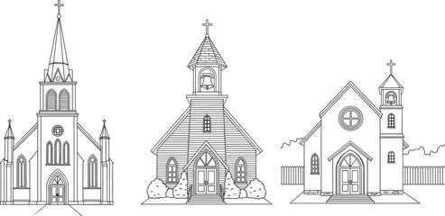 Obraz premium Church Building Vector Set Featuring Traditional Christian Churches in Line Art Style, Religious Architecture Illustration Collection Isolated on White Background