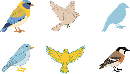 Obraz premium Bird Vector Set Featuring Various Flying and Perching Birds in Flat and Silhouette Styles, Wildlife Illustration Collection for Nature Design