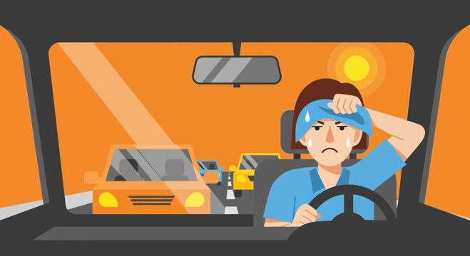 Driver sweating in hot car stuck in traffic jam on sunny day