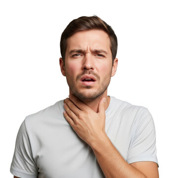 Man holding throat with painful expression