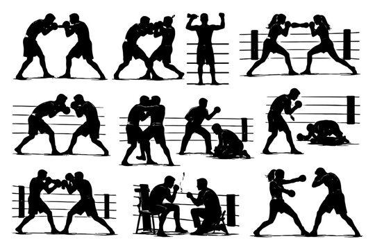 Silhouettes of male and female boxers in action poses in a boxing ring.
