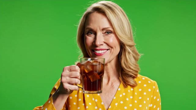 Woman Enjoying a Refreshing Drink on a Green Screen Background.