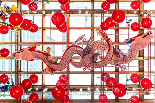 Dragon decorated with red lattern hanging in the Chinese New Year festival.