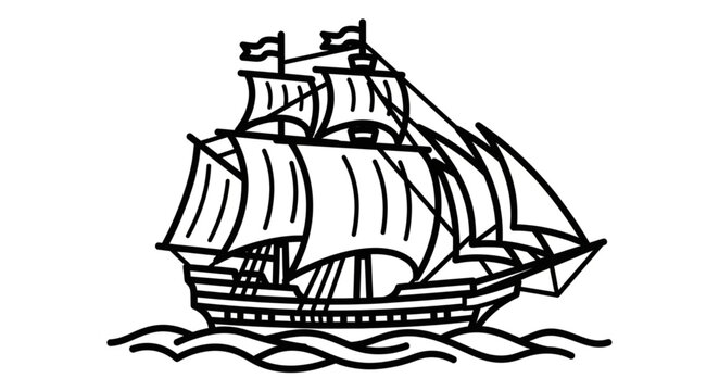 Detailed Line Art of a Sailing Ship on Wavy Waters.