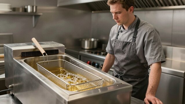 A chef stands beside a commercial deep fryer filled with bubbling oil, preparing food in a professional kitchen setting.