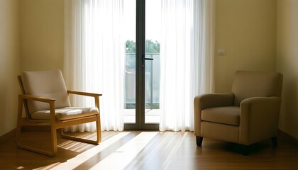 Fototapeta premium Two comfortable armchairs bathed in sunlight near a glass door with sheer curtains