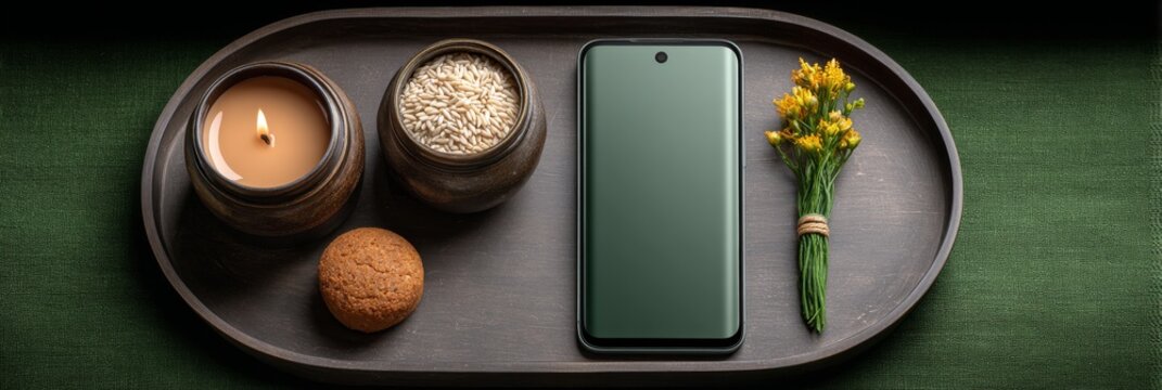 Minimal Raksha Bandhan setup with a single rakhi, diya, rice grains, sweet, and phone in a clean green backdrop.