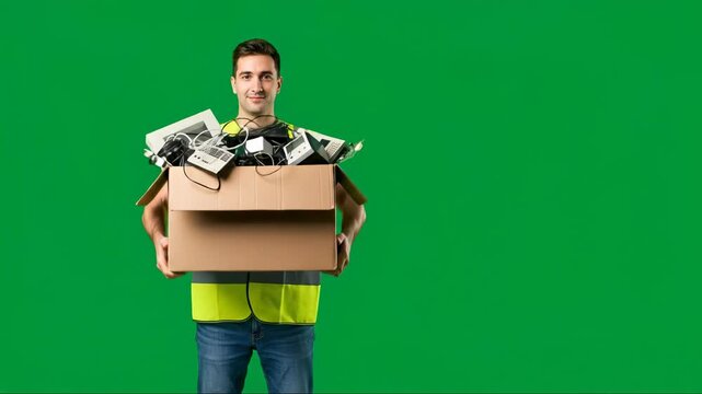 Man in safety vest holding a box of electronic waste for recycling.