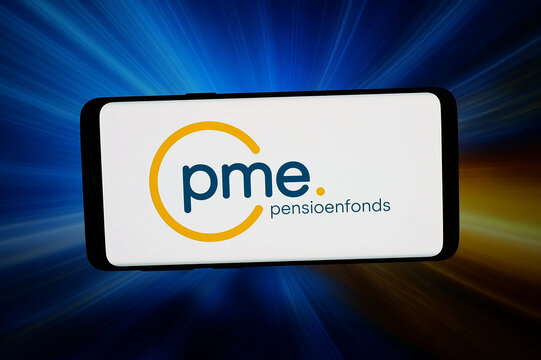 Stuttgart, Germany - 03-19-2026: In this photo illustration, the logo of Dutch financial company PME Pensioenfonds is displayed on a smartphone front of abstract background on computer screen.