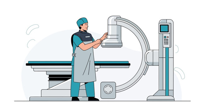 Radiologist operating advanced C-arm X-ray machine for medical imaging in hospital