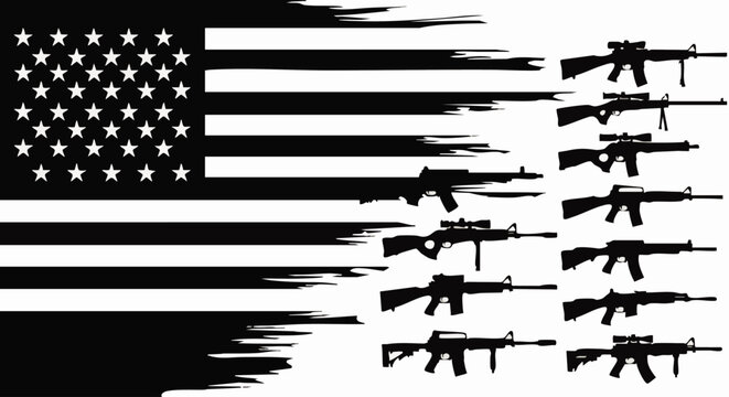 American flag with silhouettes of various rifles and firearms on white background for patriotic and military themes