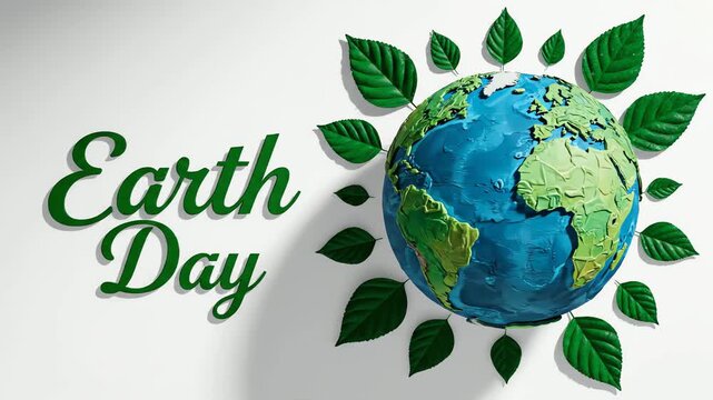 Celebrating earth day with a textured globe surrounded by vibrant green leaves, a clean top-down shot on white.