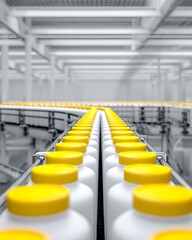 Obraz premium Bottles move down a production line in an industrial setting with yellow caps.