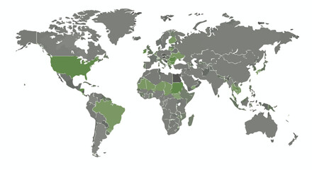 Obraz premium Map with specific countries highlighted in green against a neutral grey background for global data geography