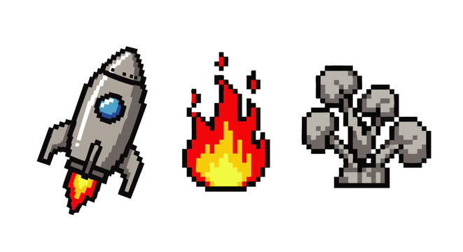 Pixel featuring a launching rocket fire flame and smoke cloud for retro gaming and digital projects space