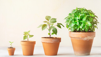 Fototapeta premium Four potted plants display growth stages on a neutral surface. Perfect for illustrating plant growth, gardening, or botanical concepts in design projects.