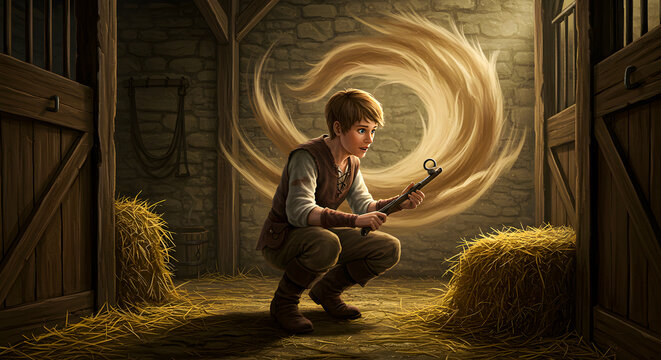 Curious youth in a rustic barn discovers a mesmerizing, swirling golden energy, reminiscent of flowing hair, while holding a mysterious artifact in an old stable setting