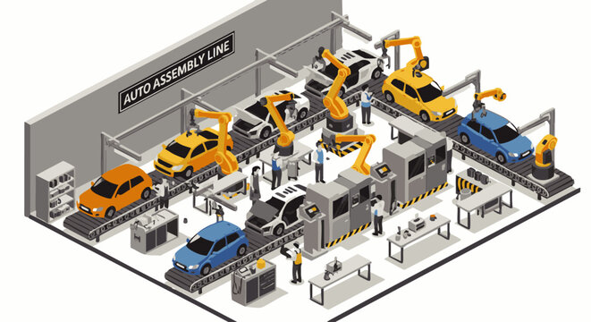 Isometric view of an automated car assembly line with robotic arms and workers in a modern industrial factory setting