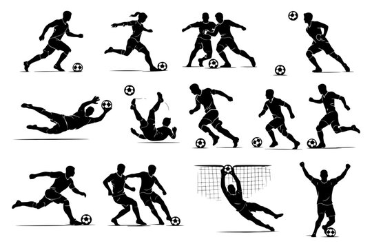 Dynamic soccer silhouettes of players in action and celebrations.