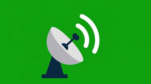Satellite Dish Broadcasting Signal on Green Screen Background.