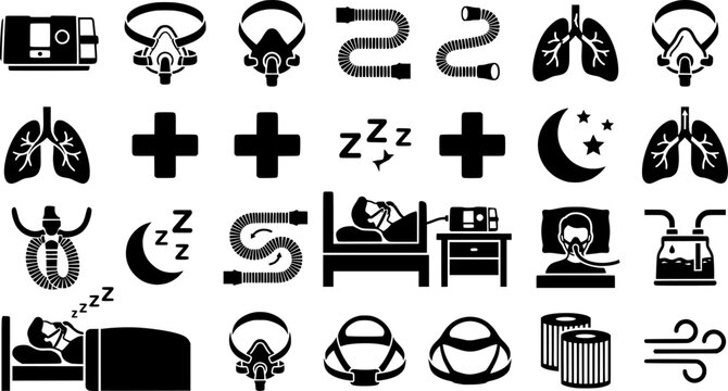 Sleep Apnea CPAP Machine Mask Breathing Device Therapy Treatment Continuous Airway Pressure Respiratory Medical Equipment Vector Icon Set - CPAP Therapy