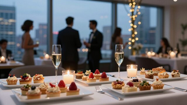 Table with champagne and pastries at a rooftop evening event, blurred guests in background, soft focus.