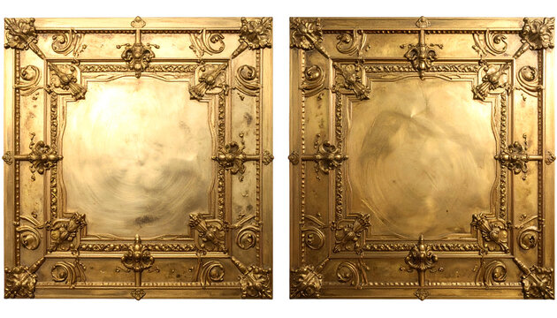 Pair of ornate, gold-toned, square-paneled doors with intricate decorative carvings
