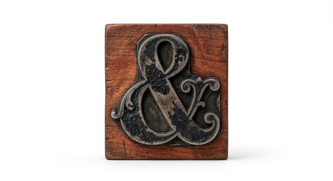 Vintage letterpress printing block with decorative ampersand in aged cherry wood isolated on white background