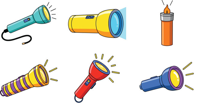 Flashlight Vector Set Featuring Various Torches and Handheld Lights with Beam Effects and Lighter Icon in Cartoon Style Isolated Collection