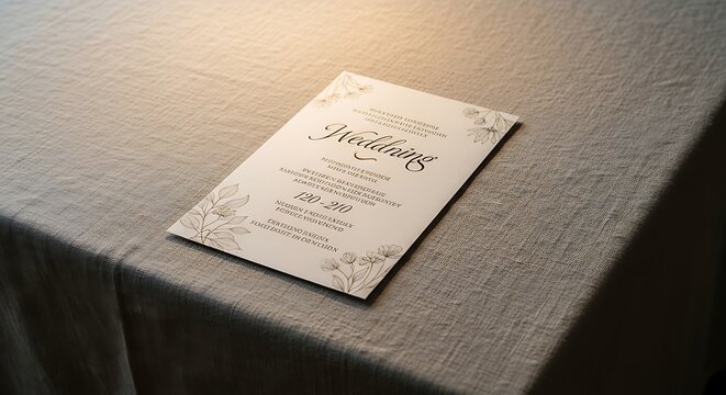 A wedding invitation card lies on a table covered with a gray cloth in a dimly lit room with elegant decorations and soft lighting.