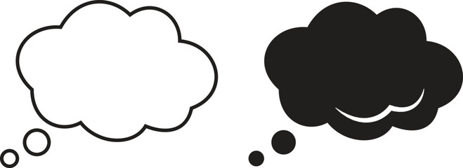 Fototapeta premium Thought bubble icons in cloud shape with black outline and solid silhouette styles. Minimalist dream speech balloon collection. Thinking and communication vector elements for comic design.