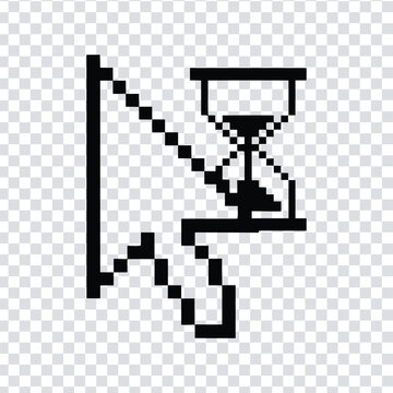 Vector illustration black pixel art of a downward trending graph and hourglass