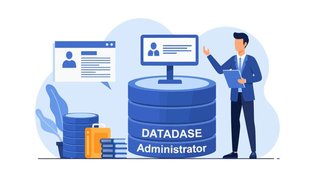 Database administrator managing data systems with computer and files