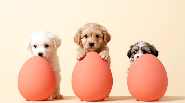 Cute Puppies Emerge Behind Coral Easter Eggs in Sequence