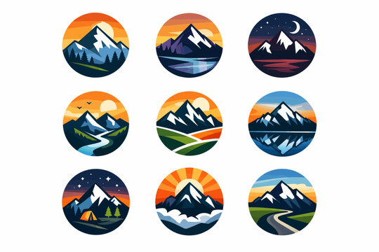 Volcano & Dramatic Landscapes logo set. Flat geometric nature landscape icons. Travel adventure badge designs. Vector round mountain peak emblems